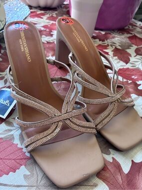 Christian Siriano Blush Rhinestone-Embellished Strappy Heels